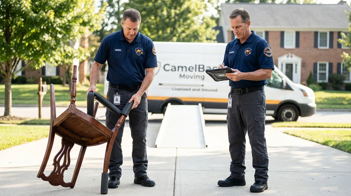 Movers inspecting furniture for damage prevention before loading in Jacksboro, TN