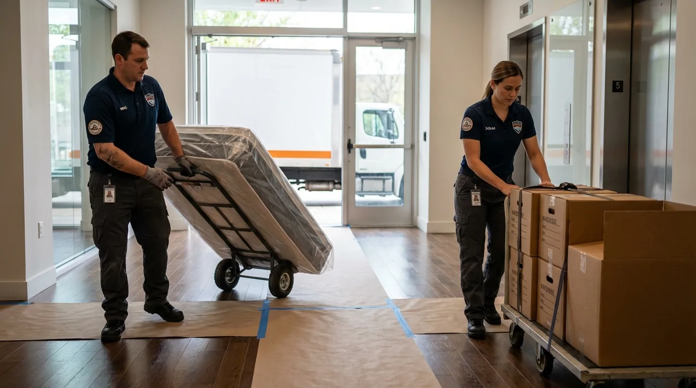 Professional apartment movers loading elevator in Jacksboro, TN