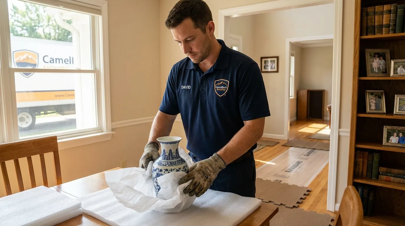 Professional crew carefully wrapping antique vase for senior downsizing move in Jacksboro, TN